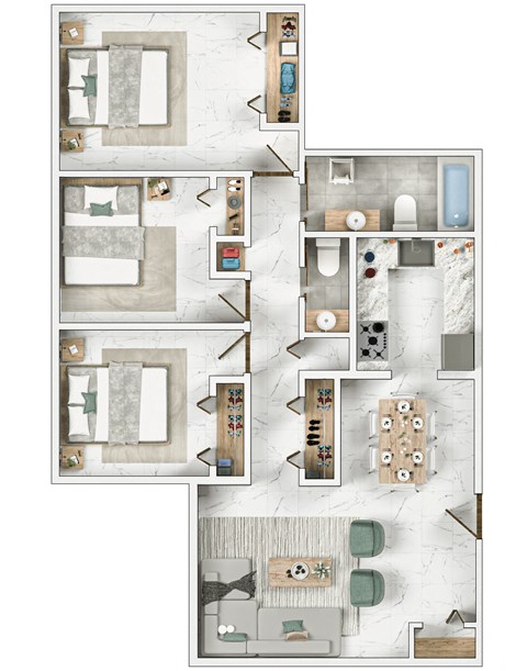 A floor plan of a house with a kitchen, living room, dining room, and bathrooms.